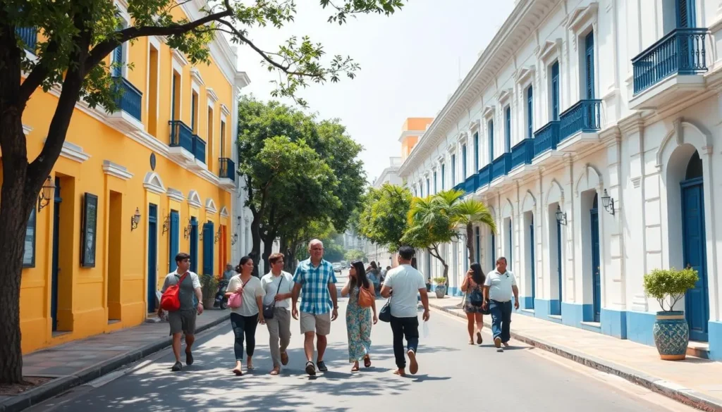 A peaceful street in Puducherry's French Quarter with colonial buildings