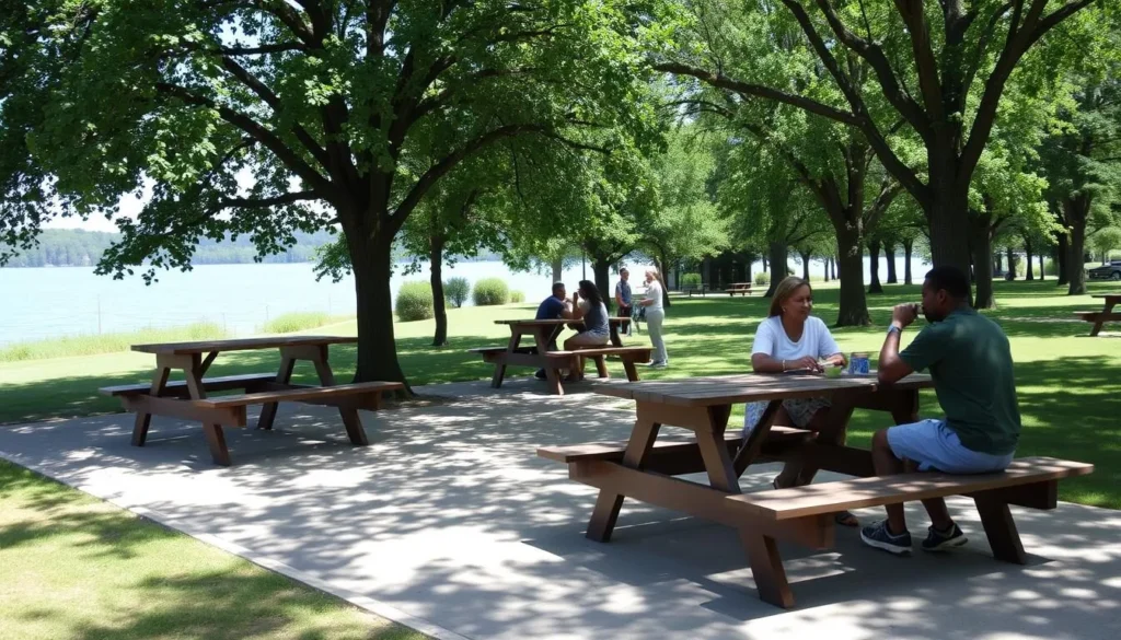 A picnic area at Rice Lake State Park with tables under shade trees