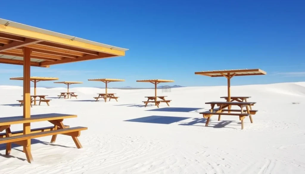 A picnic area at White Sands National Park with shaded tables surrounded by white sand dunes A picnic area at White Sands National Park with shaded tables surrounded by white sand dunes