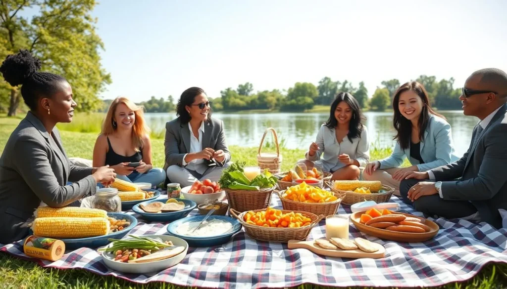 A picnic setup by Spring Lake with a spread of local Illinois foods and diverse group enjoying the meal