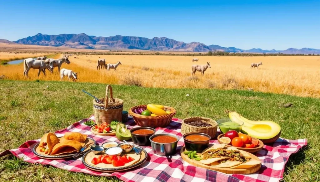 A picnic setup with local Southwestern cuisine spread out on a blanket with views of the San Rafael grasslands