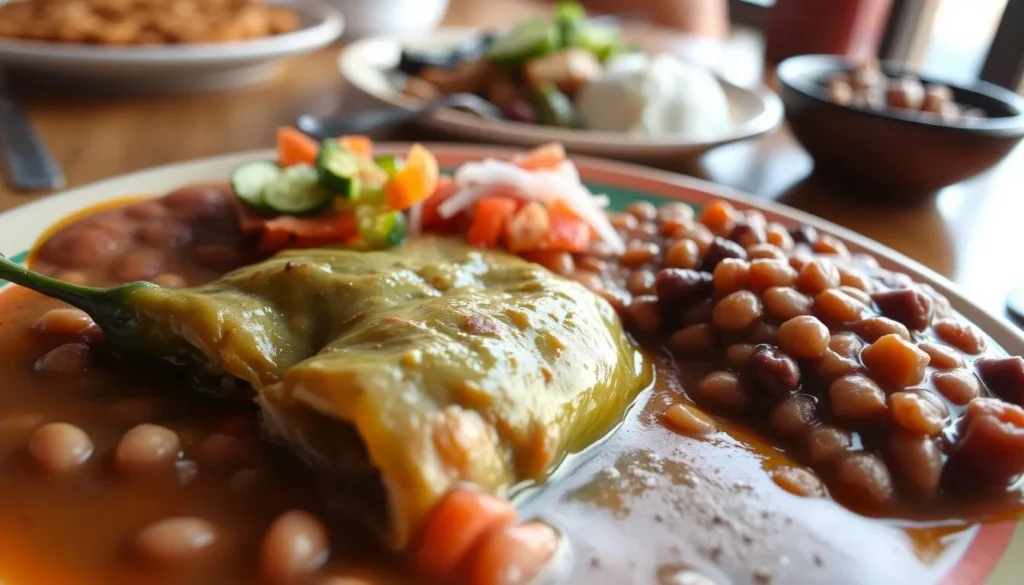 A plate of New Mexican cuisine featuring green chile dishes in a local Truth or Consequences restaurant A plate of New Mexican cuisine featuring green chile dishes in a local Truth or Consequences restaurant