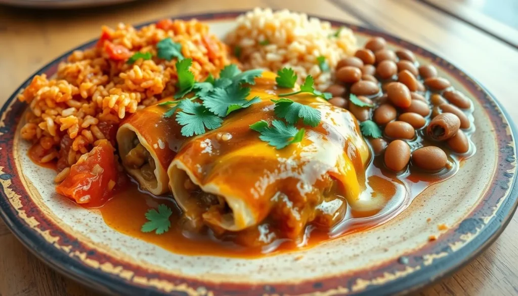A plate of authentic New Mexican cuisine featuring green chile enchiladas with rice and beans A plate of authentic New Mexican cuisine featuring green chile enchiladas with rice and beans