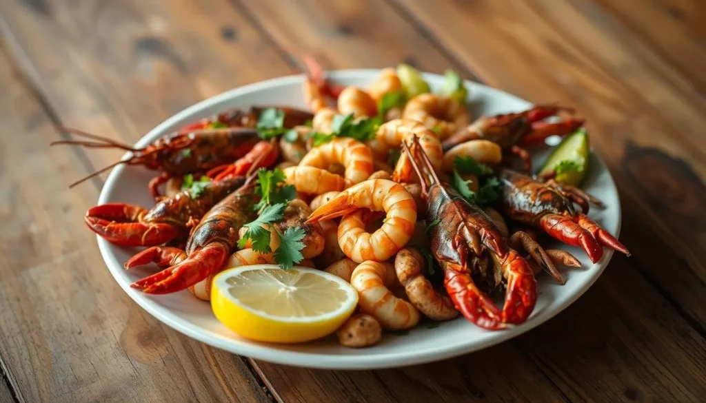 A plate of fresh Louisiana seafood with crawfish, shrimp, and local specialties from the Wetlands Cultural Byway region
