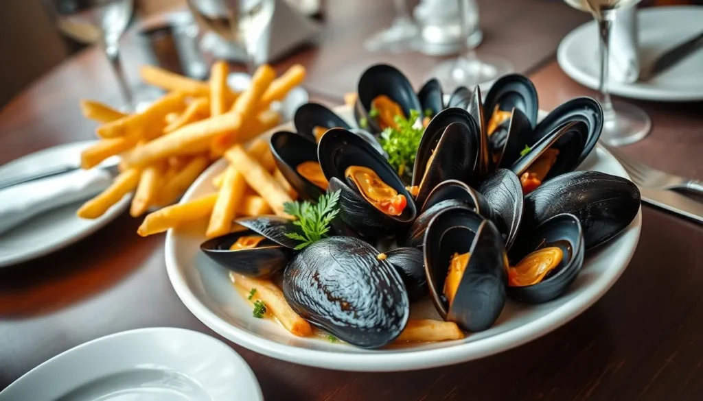 A plate of fresh seafood at a restaurant in Calais with mussels and fries