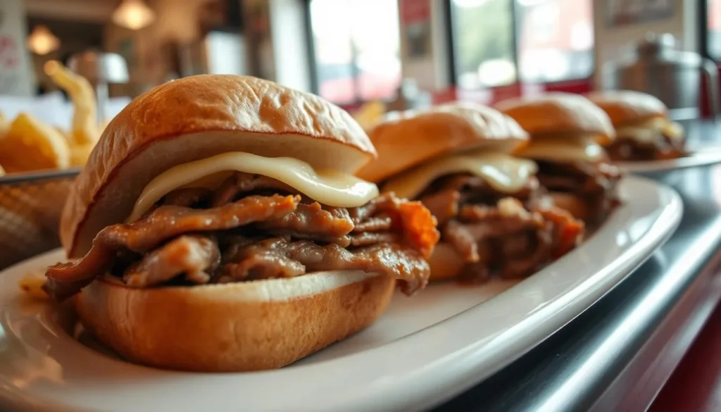 A plate of traditional Maid-Rite loose meat sandwiches with sides at the historic Maid-Rite Sandwich Shop in Quincy A plate of traditional Maid-Rite loose meat sandwiches with sides at the historic Maid-Rite Sandwich Shop in Quincy