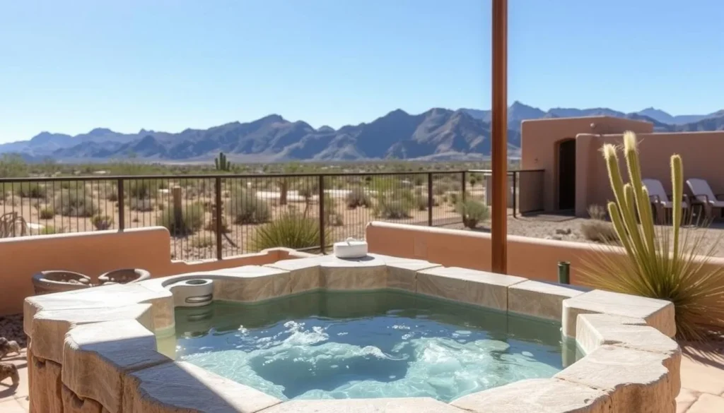 A private hot spring tub at a boutique hotel in Truth or Consequences with mountain views A private hot spring tub at a boutique hotel in Truth or Consequences with mountain views