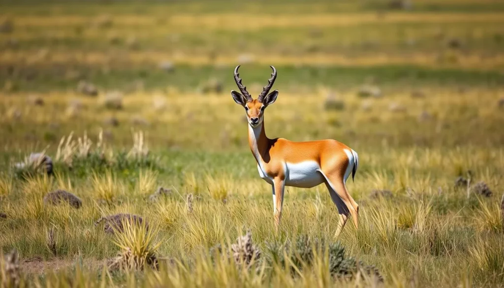 A pronghorn antelope standing alert in the grassland of Comanche National Grassland