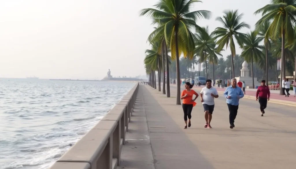 A quiet morning scene at Rock Beach promenade in Puducherry