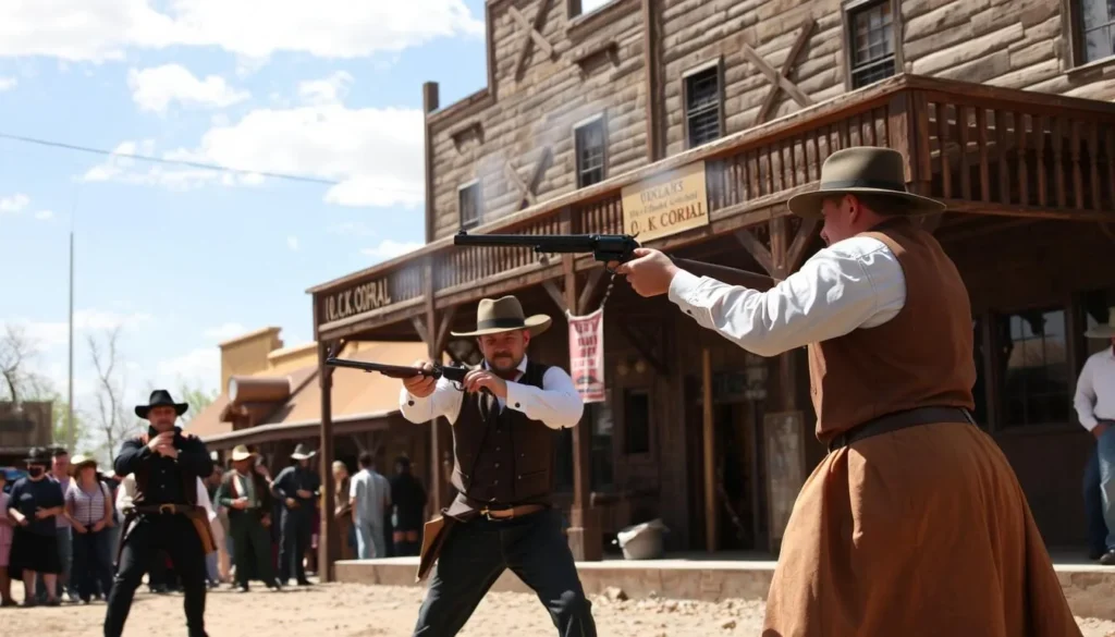A reenactment of the famous gunfight at O.K. Corral with actors in period costume A reenactment of the famous gunfight at O.K. Corral with actors in period costume