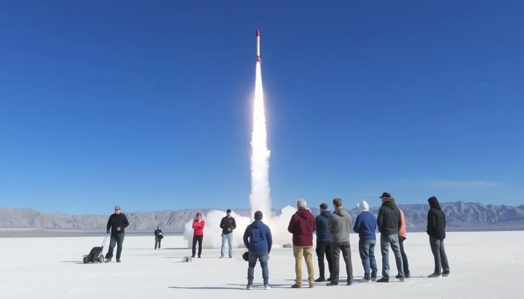 A rocket launch on the Black Rock Desert Playa with spectators watching from a safe distance