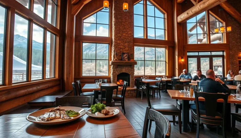 A rustic restaurant interior with mountain views serving Colorado cuisine A rustic restaurant interior with mountain views serving Colorado cuisine