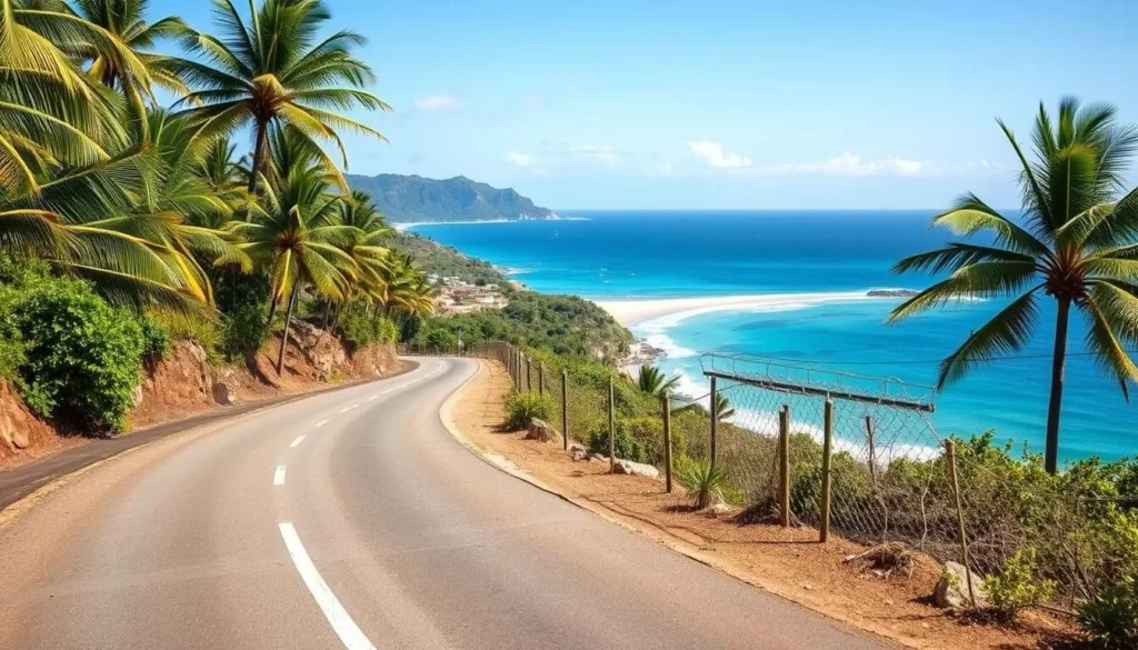A scenic coastal road along the Samana Peninsula with palm trees and ocean views