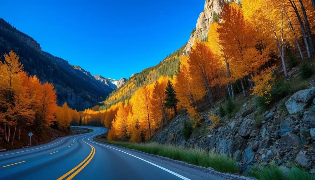 A scenic mountain road winding through Eagle River valley with colorful fall foliage A scenic mountain road winding through Eagle River valley with colorful fall foliage