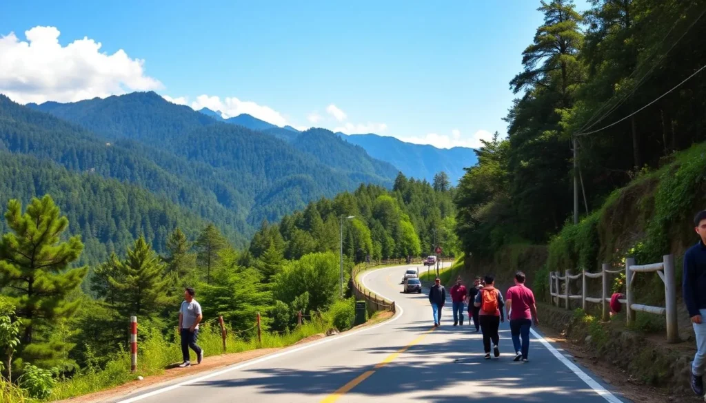 A scenic road leading to Itanagar with mountains in the background and lush greenery on both sides