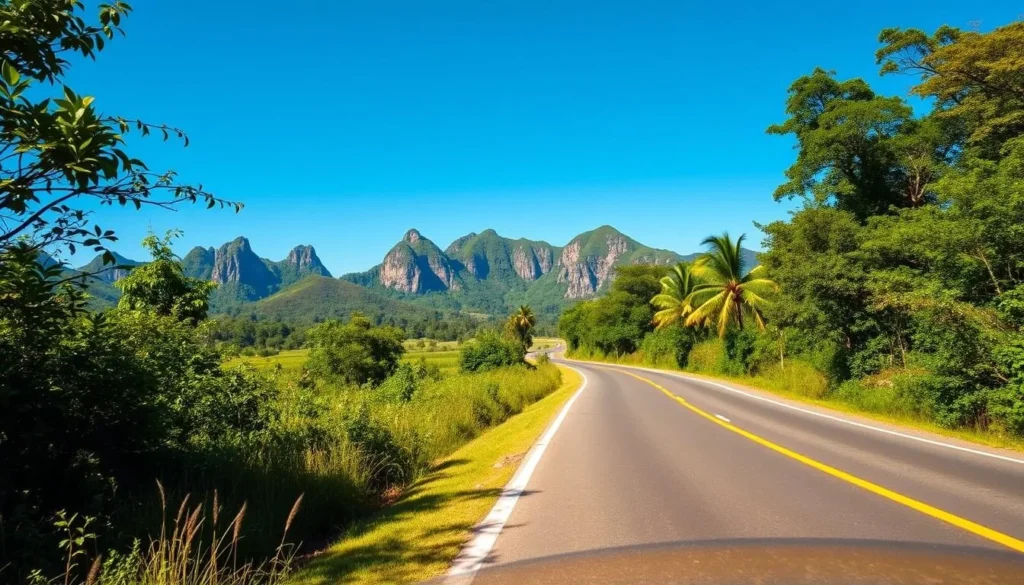 A scenic road leading to Vinales National Park with lush green vegetation and mogotes in the background