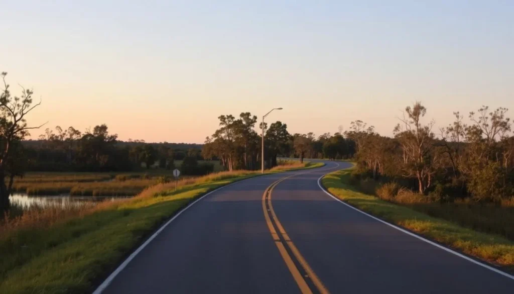 A scenic road winding through cypress trees and wetlands along the Wetlands Cultural Byway in Louisiana