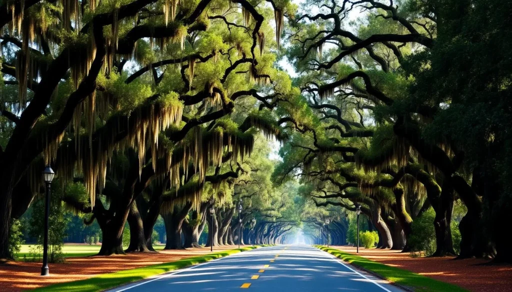 A scenic view of the Great River Road Scenic Byway in Louisiana with Spanish moss-draped oak trees A scenic view of the Great River Road Scenic Byway in Louisiana with Spanish moss-draped oak trees