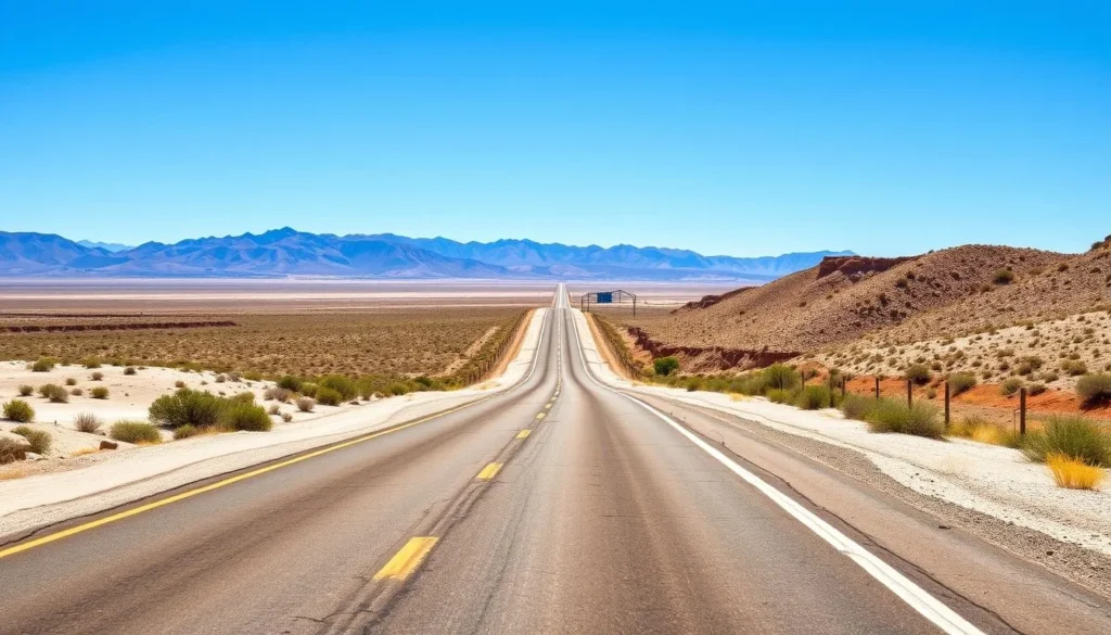 A scenic view of the road leading to White Sands National Park with mountains in the background and desert landscape A scenic view of the road leading to White Sands National Park with mountains in the background and desert landscape
