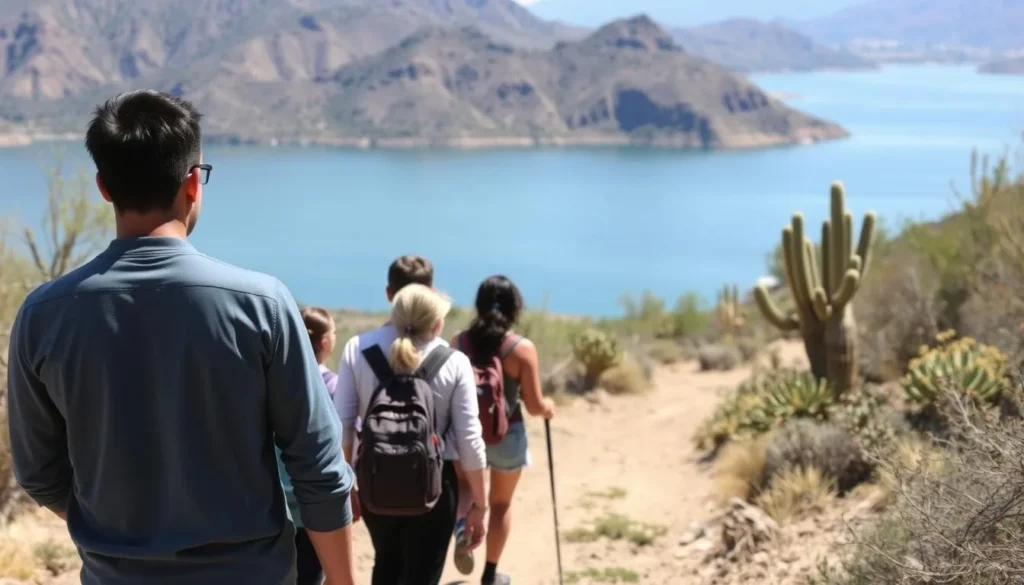 A small group of diverse hikers walking on a trail near Theodore Roosevelt Lake with desert vegetation