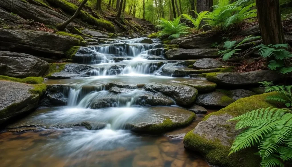 A small waterfall flowing over moss-covered rocks in Tunica Hills after rainfall