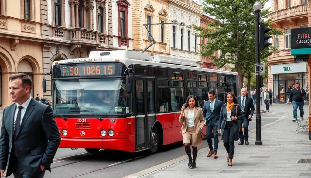 A street scene in Tula city with public transportation and pedestrians