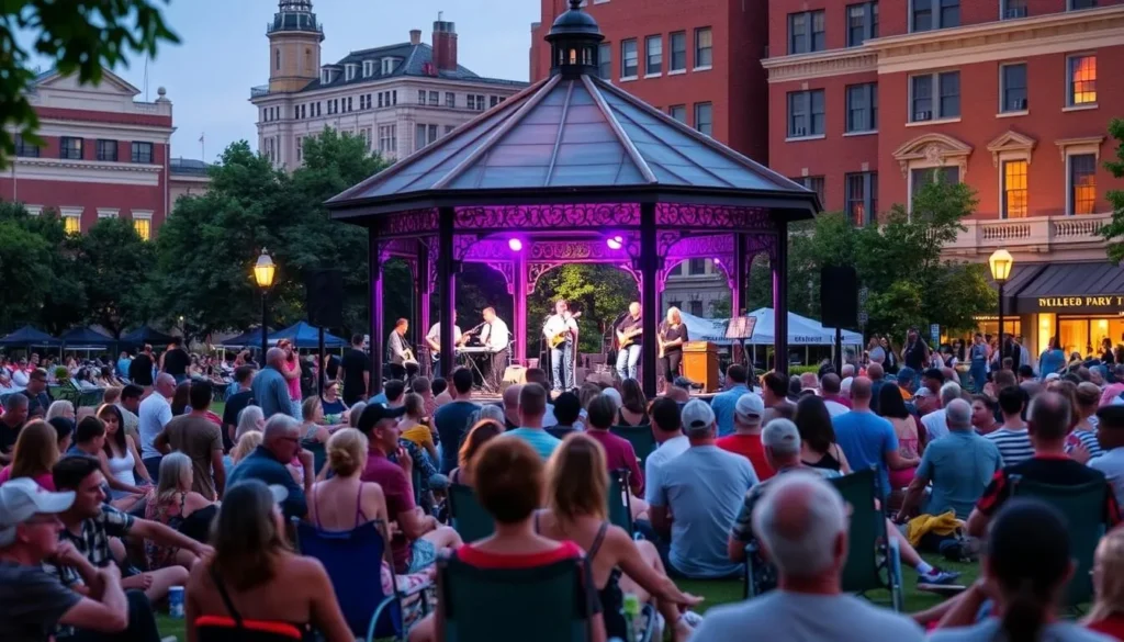 A summer concert at Washington Park during Blues in the District with a diverse crowd enjoying live music A summer concert at Washington Park during Blues in the District with a diverse crowd enjoying live music