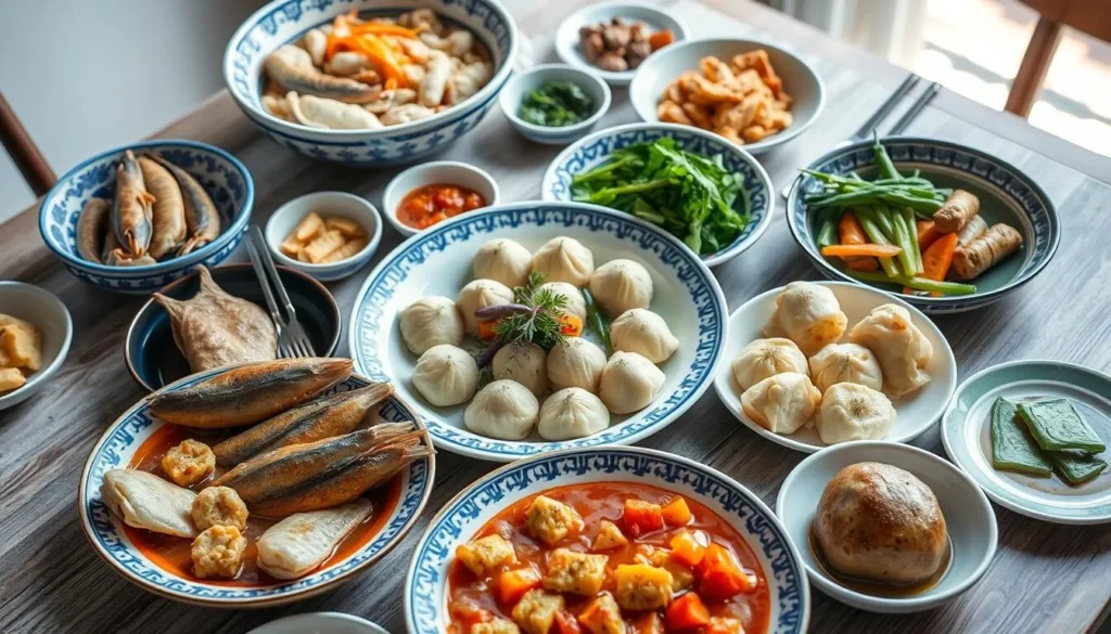 A table with traditional Russian and Far Eastern dishes including seafood, dumplings, and local vegetables A table with traditional Russian and Far Eastern dishes including seafood, dumplings, and local vegetables
