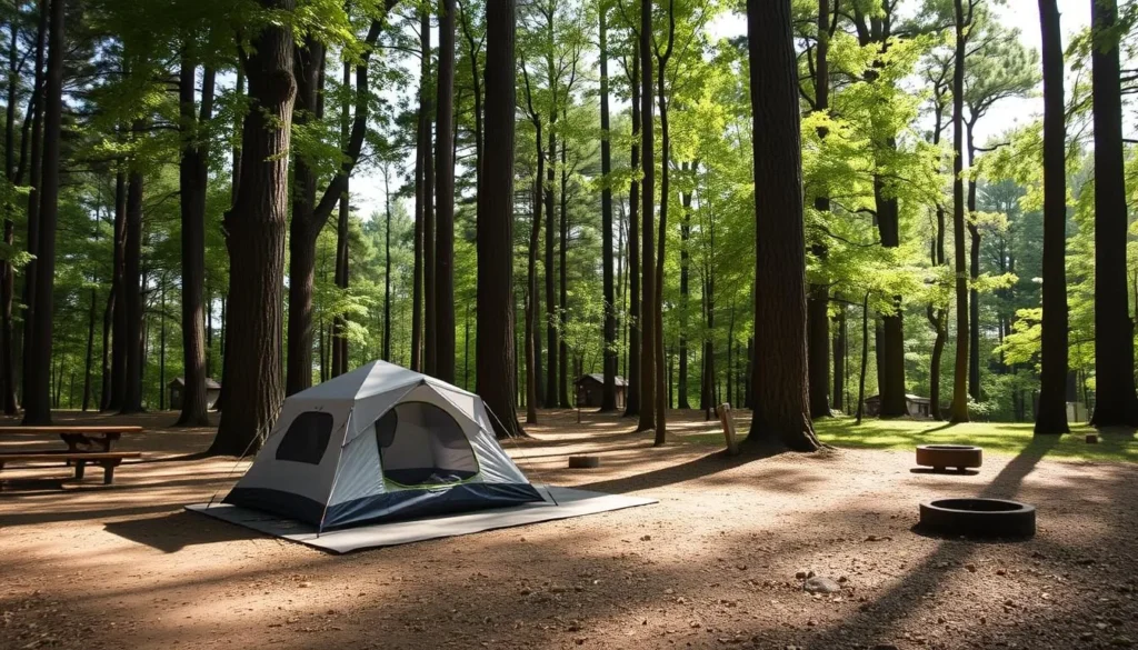 A tent campsite at Tunica Hills Campground surrounded by tall trees with dappled sunlight
