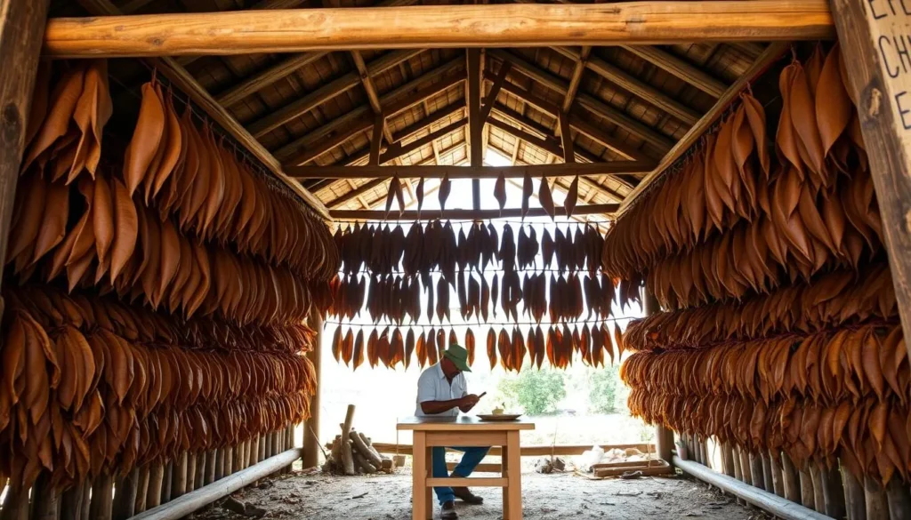A tobacco farmer demonstrating cigar rolling in a traditional drying hut with hanging tobacco leaves in Vinales