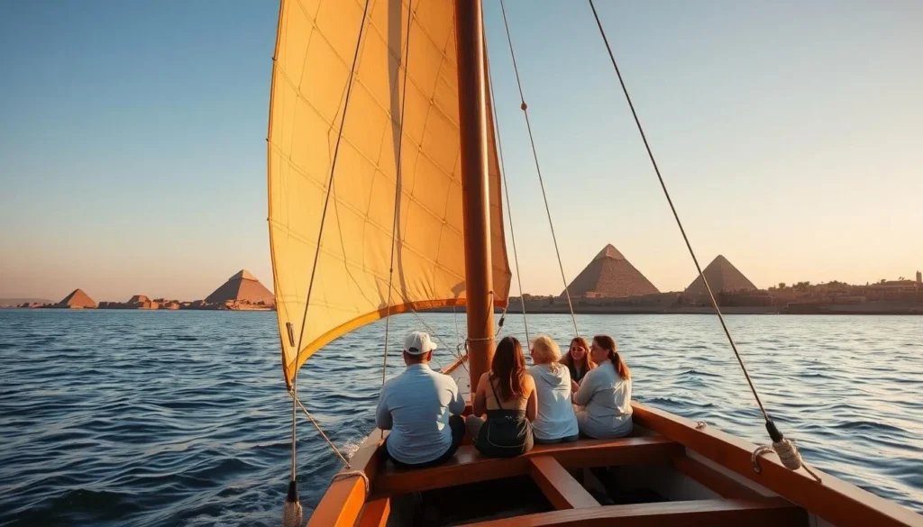 A traditional Egyptian felucca sailboat on the Nile River with pyramids visible in the distance