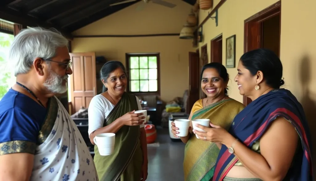 A traditional Kodava family welcoming guests with coffee in a plantation homestay