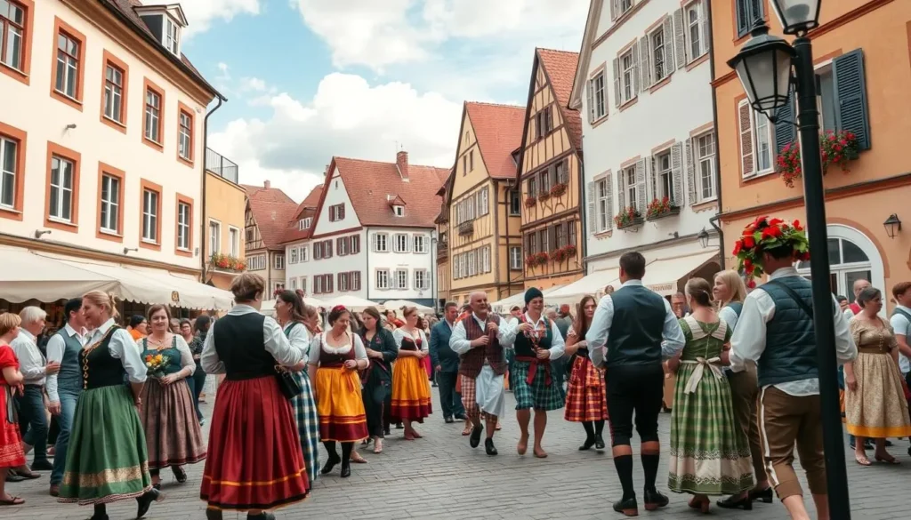A traditional Swabian festival in Ulm with people in traditional costumes