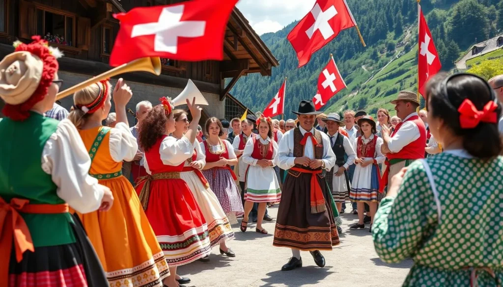 A traditional Swiss alpine festival with people in traditional costumes