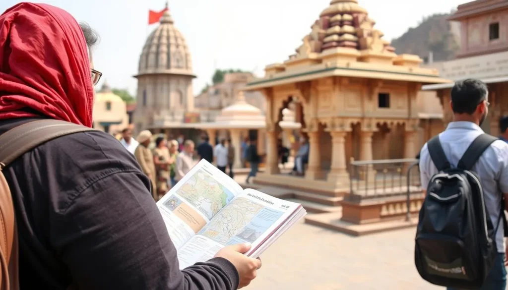 A traveler consulting a guidebook while exploring Ujjain's temple district