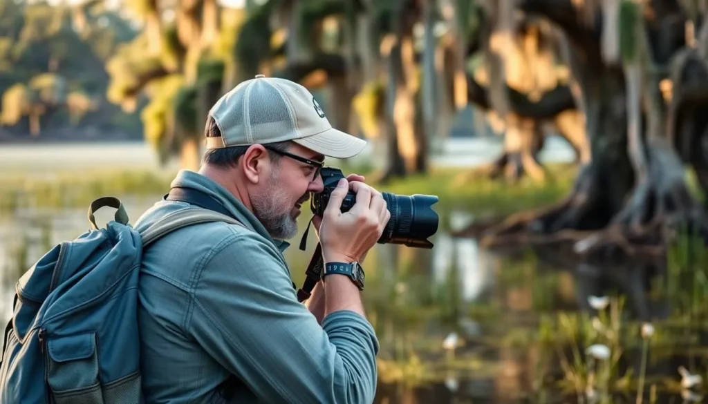 A traveler photographing wildlife in the wetlands along the Wetlands Cultural Byway