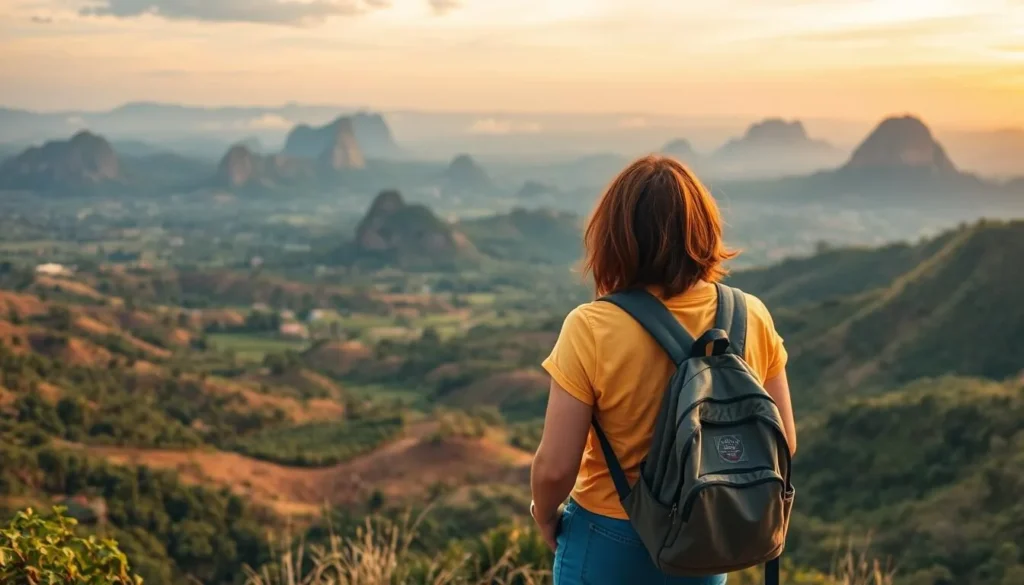 A traveler with a backpack looking out over Vinales Valley from a viewpoint near Hotel Los Jazmines