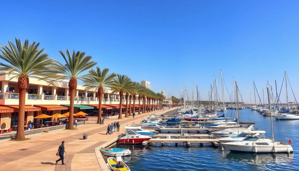 A view of Hurghada Marina with boats and the promenade lined with restaurants and shops
