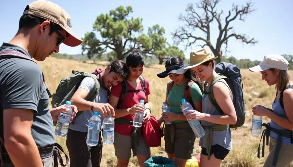 A visitor filling water bottles at a trailhead before hiking in San Rafael State Natural Area