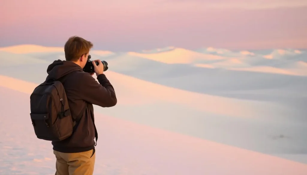A visitor taking photographs of pristine white sand dunes during golden hour at White Sands National Park A visitor taking photographs of pristine white sand dunes during golden hour at White Sands National Park