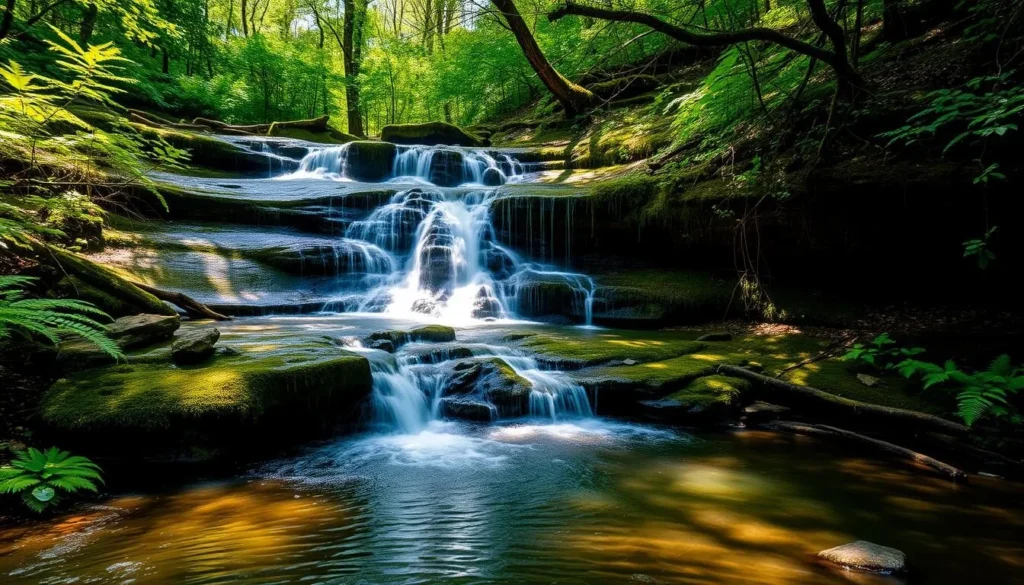 A waterfall cascading down moss-covered rocks in the Clark Creek Natural Area near Tunica Trace
