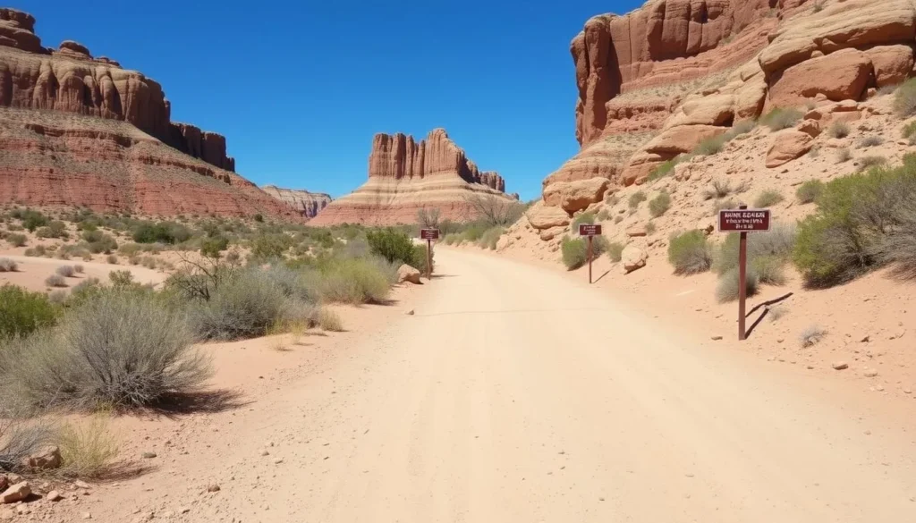 A well-maintained dirt road in Canyon Pintado with hiking trail markers visible A well-maintained dirt road in Canyon Pintado with hiking trail markers visible