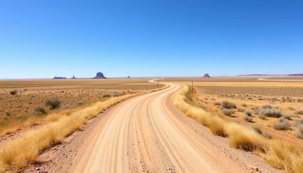 A well-maintained dirt road winding through Comanche National Grassland with prairie and distant mesas