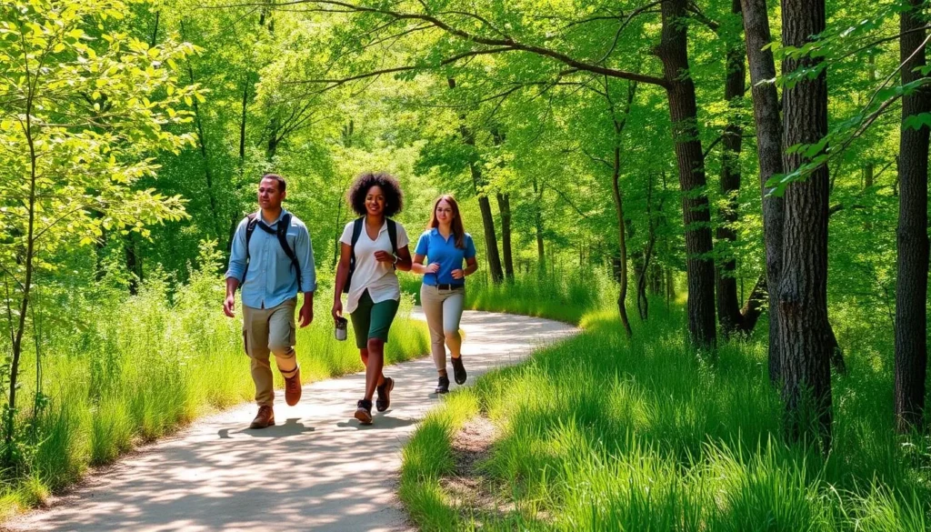 A well-maintained hiking trail through Spring Lake State Park with diverse visitors enjoying the path