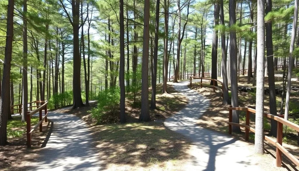 A well-maintained hiking trail through White Pines Forest with safety features like wooden railings A well-maintained hiking trail through White Pines Forest with safety features like wooden railings