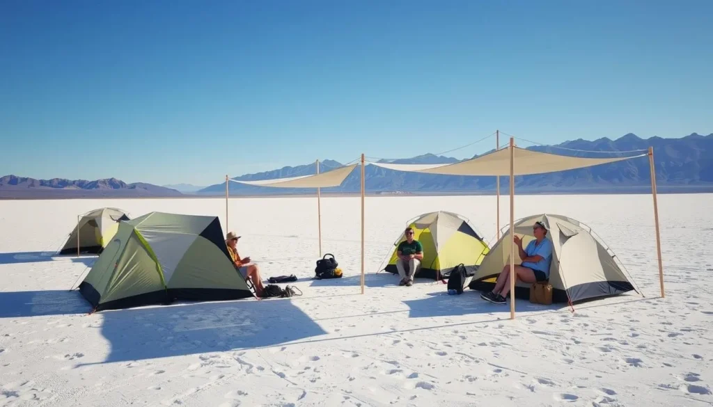 A well-prepared camping setup on the Black Rock Desert Playa with shade structures and tents