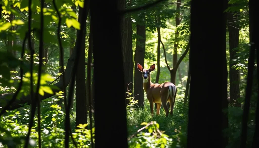 A white-tailed deer visible through the trees in Tunica Hills Wildlife Management Area