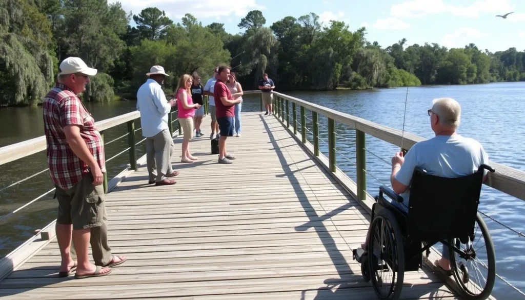 Accessible fishing pier at Fairview-Riverside State Park with diverse visitors
