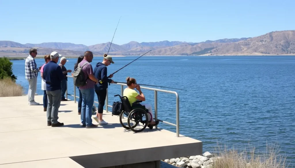 Accessible fishing platform at O'Neill Forebay with diverse visitors enjoying fishing Accessible fishing platform at O'Neill Forebay with diverse visitors enjoying fishing
