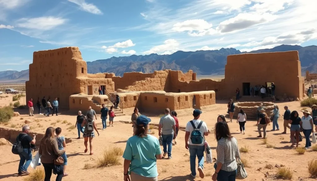 Adobe ruins of Fort Union with mountain backdrop and visitors exploring